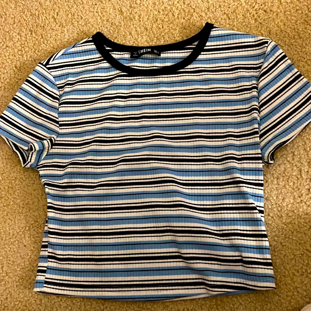 Blue-Black-White stripped crop top from Shein